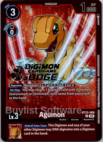 Agumon (Judge Pack 2025 Wave 2) [BT22-008 U] [Cyber Eden] Foil