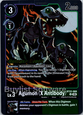 Agumon (X Antibody) [BT22-068 U] [Cyber Eden Release Event Cards] Foil