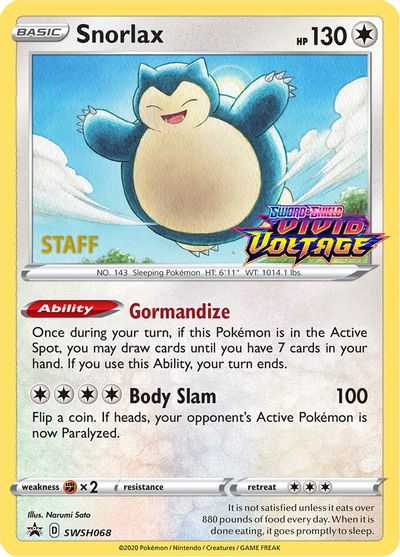 Snorlax (SWSH068) (Staff Prerelease Promo) [Sword & Shield: Black Star Promos] - Duel Kingdom